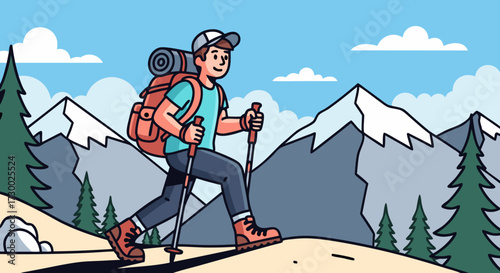 Vibrant Cartoon Illustration of a Hiker with Backpack and Poles Ascending a Mountain Trail Under a Bright Blue Sky with Snow-Capped Peaks
