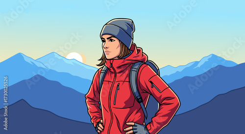 A confident female hiker stands with her hands on her hips, facing the sunrise over a majestic mountain range, embodying adventure and exploration