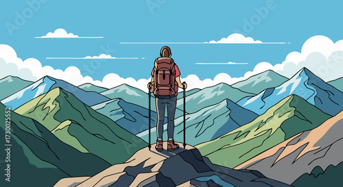A lone hiker stands atop a mountain peak, gazing out at a breathtaking panoramic vista of rolling, snow-capped mountains under a bright, cloudy sky, embodying the spirit of adventure and exploration