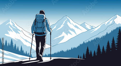 Illustrative depiction of a hiker with a backpack and poles trekking through a snowy mountain landscape at sunrise