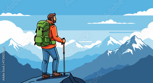 Man with backpack and trekking poles standing on a mountain peak, enjoying a panoramic view of snow-capped mountains and blue sky with clouds during a hiking adventure