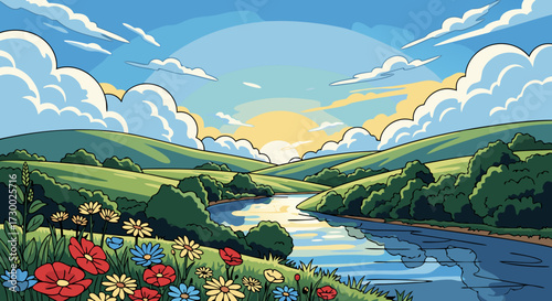 Vibrant spring meadow overflowing with colorful wildflowers beside a tranquil river under a bright, sunlit sky with fluffy clouds, evoking a sense of peace and natural beauty
