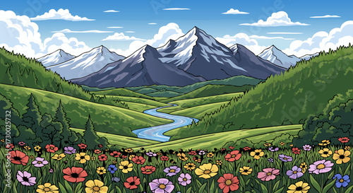 Serene mountain valley landscape with a winding river, lush green hills, and a vibrant field of wildflowers under a clear blue sky with fluffy clouds, evoking peace and natural beauty