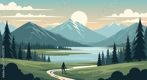 Vast mountain range with a serene lake and a lone hiker on a path, illuminated by the soft glow of a rising or setting sun