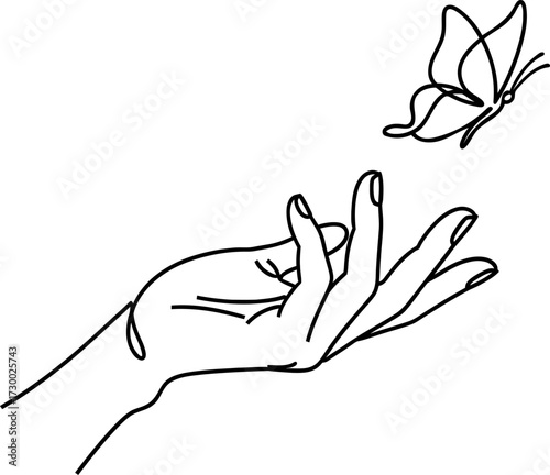 Delicate hand reaches butterfly simple line art