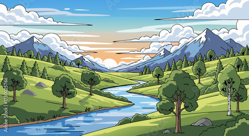 Serene Mountain Valley Landscape with a Winding River Under a Sunrise Sky with Clouds and Green Rolling Hills