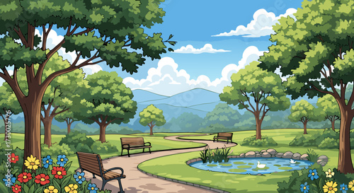 Serene park pathway winds through lush green trees and vibrant flowers beside a tranquil pond on a bright, sunny day