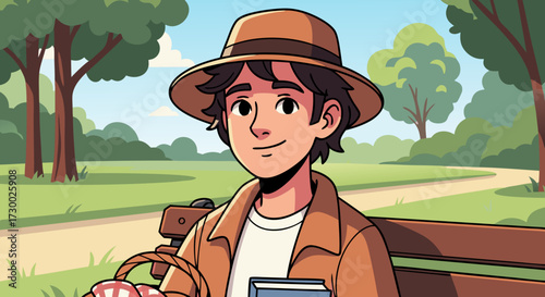 A young boy in a hat sits on a park bench with a picnic basket and a book, enjoying a sunny day surrounded by lush greenery and trees