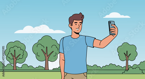 A young man taking a selfie with his phone in a park surrounded by trees and blue sky with clouds, enjoying a sunny day outdoors in nature