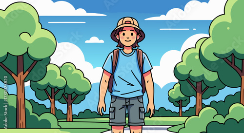 A young explorer in a bucket hat and backpack stands confidently amidst a vibrant green forest, ready for adventure in the great outdoors