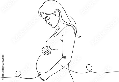 Woman holding pregnant belly gentle line art