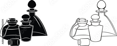 perfume bottle silhouettes. Perfume Bottle Silhouettes in Black Vector Collection Featuring Ornate Caps, Faceted Shapes, Butterfly Tops, and Gem-Inspired Designs.perfume bottle silhouette vector icon
