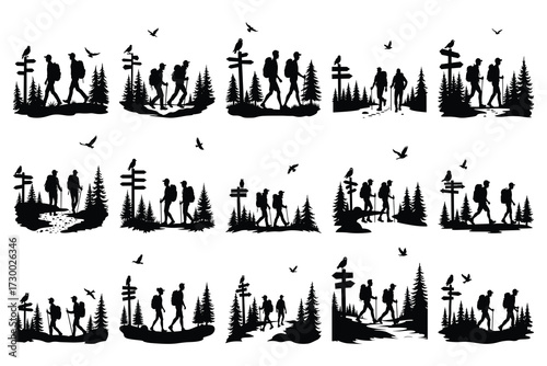 Silhouette hikers with backpacks and signposts in forest