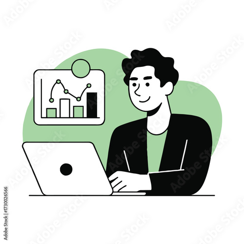 Vector art of a cheerful businessman is working on his laptop, analyzing data and charts, he is wearing a suit and tie, and smiling