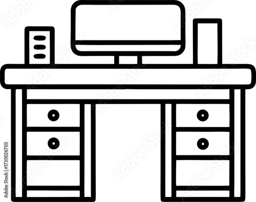 Office desk, vector line art icon, black and white, white background