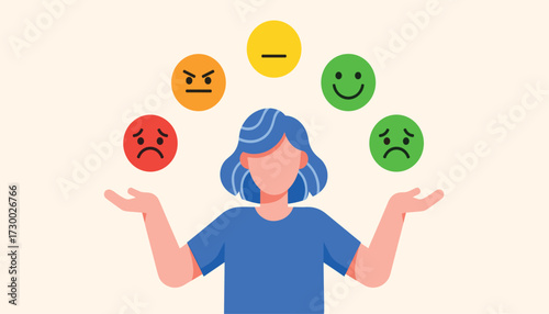 Vector art of person juggling different emotion icons representing mood swings and emotional intelligence, concept of mental health and wellbeing 