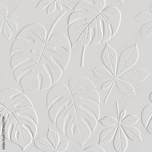 3d emboss textured tropical seamless pattern with relief monstera leaves. Vector beautiful white background with embossed surface leaves. Hand drawn design with embossing effect. Endless 3d texture.