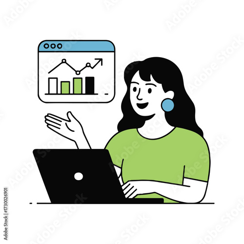 Vector art of a woman presents a business growth chart on her laptop, she is smiling and gesturing towards the chart with her hand raised