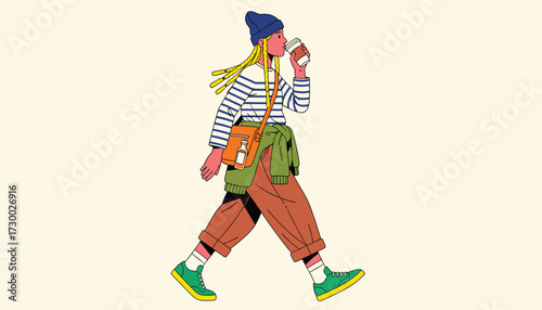 Vector art of a stylish young woman with blonde hair, wearing a blue beanie, striped shirt, and orange pants, walks confidently while holding a coffee cup 