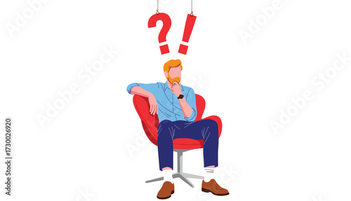 Vector art of man sitting in a red chair with question and exclamation marks above his head 