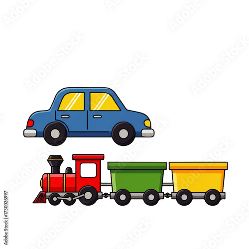 A vibrant collection of children's transportation toys, featuring a cute blue automobile and a classic steam train with colorful wagons, isolated on a white background