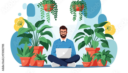 Vector art of a man with a beard sitting crosslegged with a laptop surrounded by many potted houseplants 