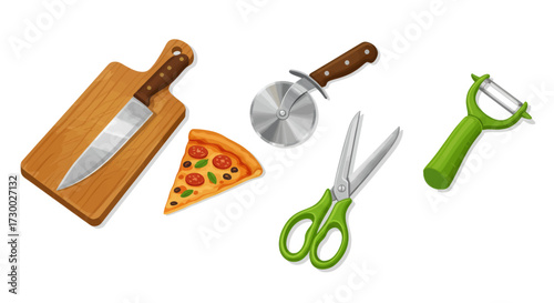 A vector illustration of kitchen utensils, including a pizza cutter, scissors, and a peeler, alongside a slice of pizza on a cutting board