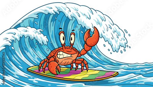 Vector art of cartoon crab surfing on a surfboard in a big ocean wave, with a determined expression, vibrant colors, and a 