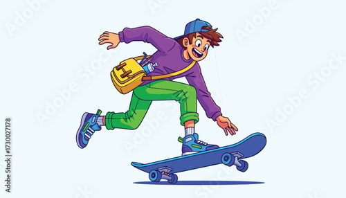 Vector art of young boy with a backpack riding a skateboard, isolated on a 