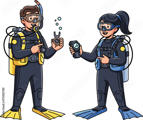 Scuba divers underwater training, man and woman in diving suits with oxygen tanks, snorkeling gear, checking diving equipment, marine adventure illustration.
