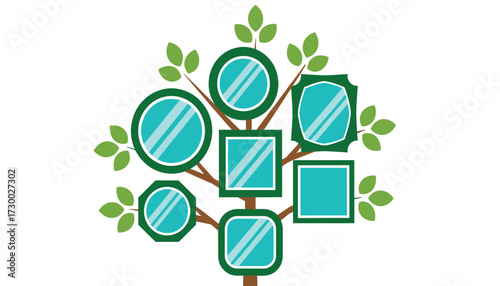 Vector art of family tree with mirrors representing family members, symbolizing connection and lineage 