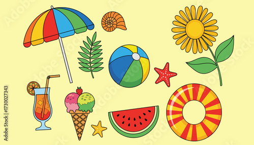 Vector art of a collection of colorful summer vacation icons including a beach umbrella, ice cream, cocktail, beach ball, starfish, seashell, watermelon, and a flower on a light yellow background 