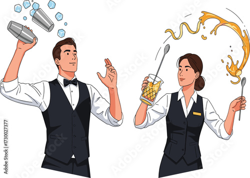 Professional bartenders, cocktail mixing, beverage preparation, drink serving, bar staff, alcohol service, cocktail performance, skilled mixologists, drink making, hospitality industry