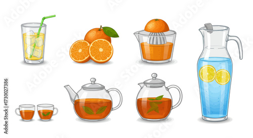 Refreshing Drinks and Fresh Oranges - A Collection of Vector Illustrations