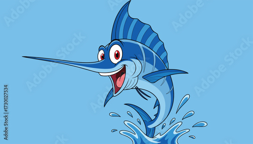 Vector art of a cartoon marlin fish jumping out of the water with a happy expression, blue background, illustration 