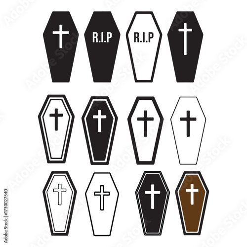 Collection of halloween coffins with crosses and rip designs silhouette