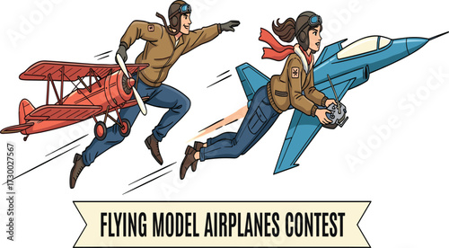 Flying model airplanes contest, vintage aircraft competition, remote control aviation, hobby pilots, airshow excitement, teamwork challenge, outdoor fun, aviation enthusiasts gathering