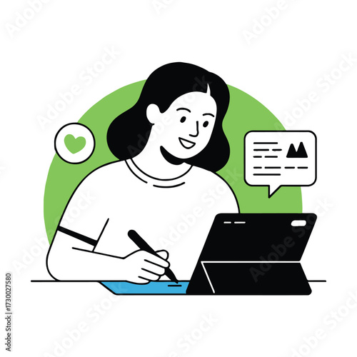 Vector art of a woman is drawing on a tablet with a pen, with a speech bubble and a heart floating above her she is smiling