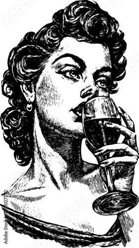 Vintage woman sipping from a glass. Elegant black and white vector illustration with classic styling.