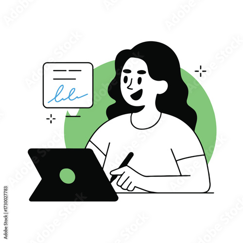 Vector art of a young woman is signing a document on a tablet, she is wearing a white shirt and has black hair she is smiling