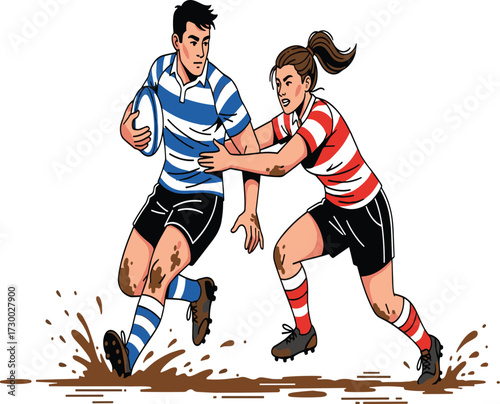 Rugby sport illustration, male and female players, competitive match action, muddy ground tackle, running athlete, rugby ball game, outdoor sports activity
