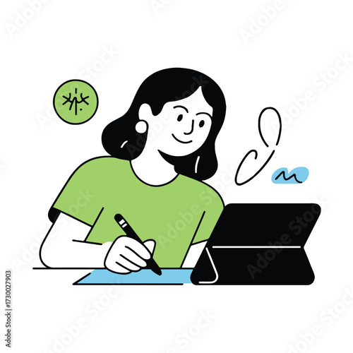 Vector art of a young woman is drawing on a tablet, she is wearing a green shirt and has black hair she is smiling and looks happy