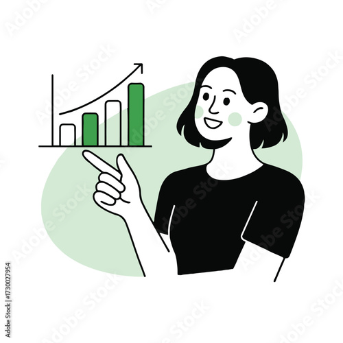 Vector art of a young woman is presenting a chart, she is wearing a black shirt and has black hair she is smiling and pointing