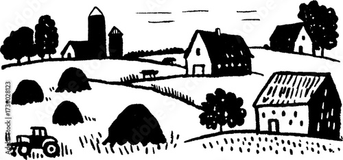 Farm landscape illustration featuring a tractor, houses, trees, and cattle. Simple black and white vector art set highlighting rural life.