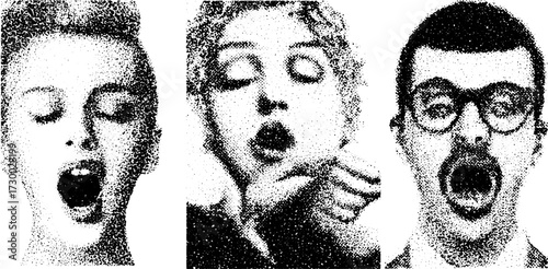 Faces expressing yawns in a black and white vector illustration. Realistic design with textured patterns isolated as a seamless set.