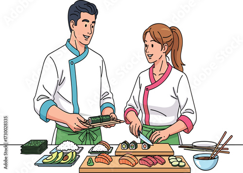 Professional chefs preparing sushi together, cooking fresh Japanese food, teamwork in kitchen, culinary art, traditional Asian cuisine, seafood, rice, rolls, sashimi illustration