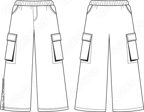 Flat technical vector sketch of cargo pants with large side pockets, elastic waist, casual style design, fashion apparel illustration