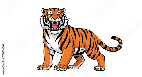 Cartoon tiger with open mouth stands on a white background.