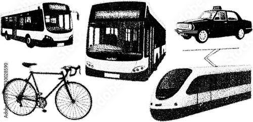 Vector illustration of various transport vehicles, including bus, taxi, bicycle, and train. A modern flat design set showcasing public transit options.