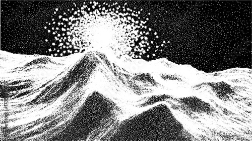 Mountain silhouette in black and white with sunlight and stars, creating a scenic landscape vector illustration.
